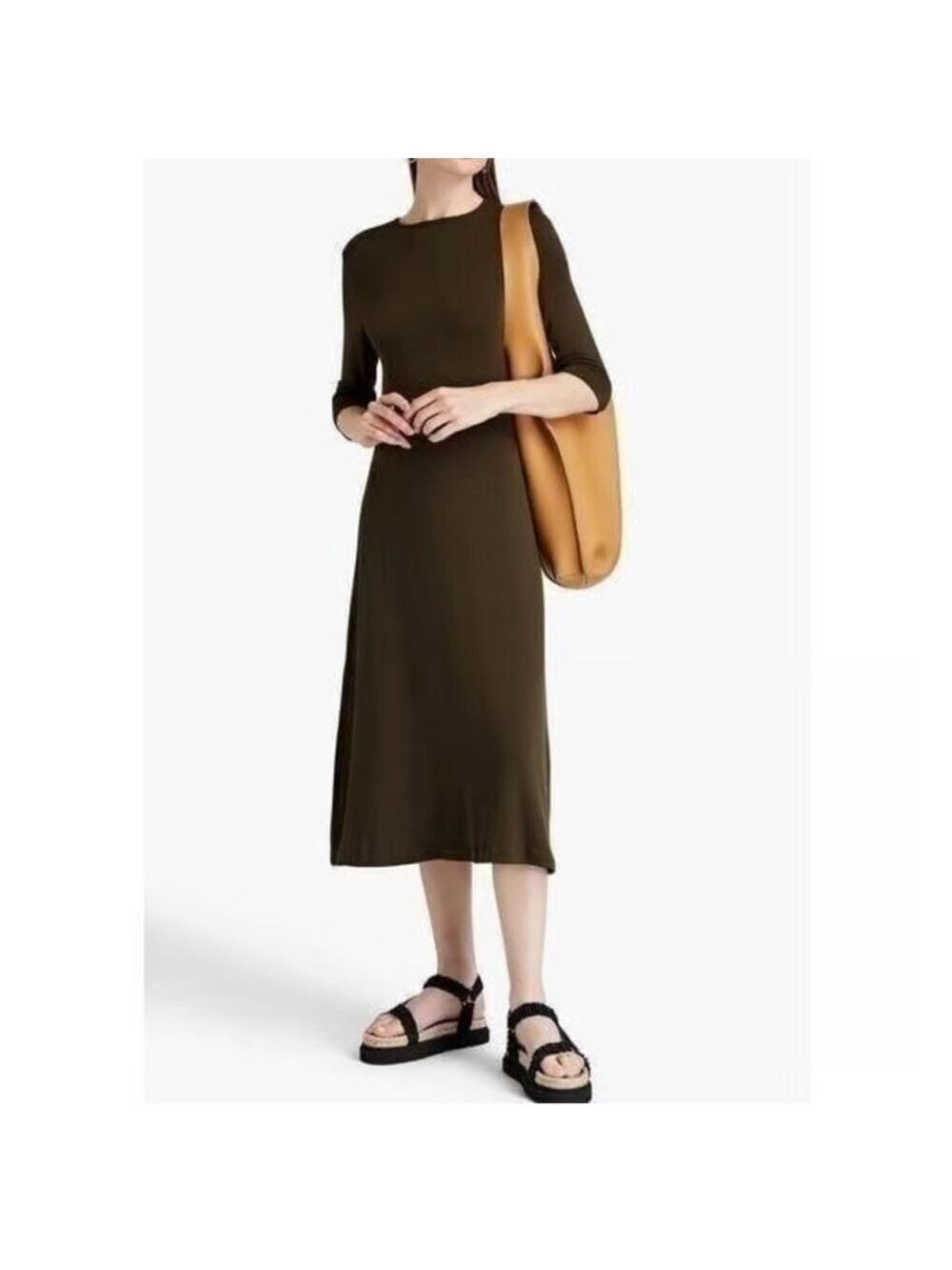 VINCE | Army Green Stretch Elbow Sleeve Jersey Midi Dress Small